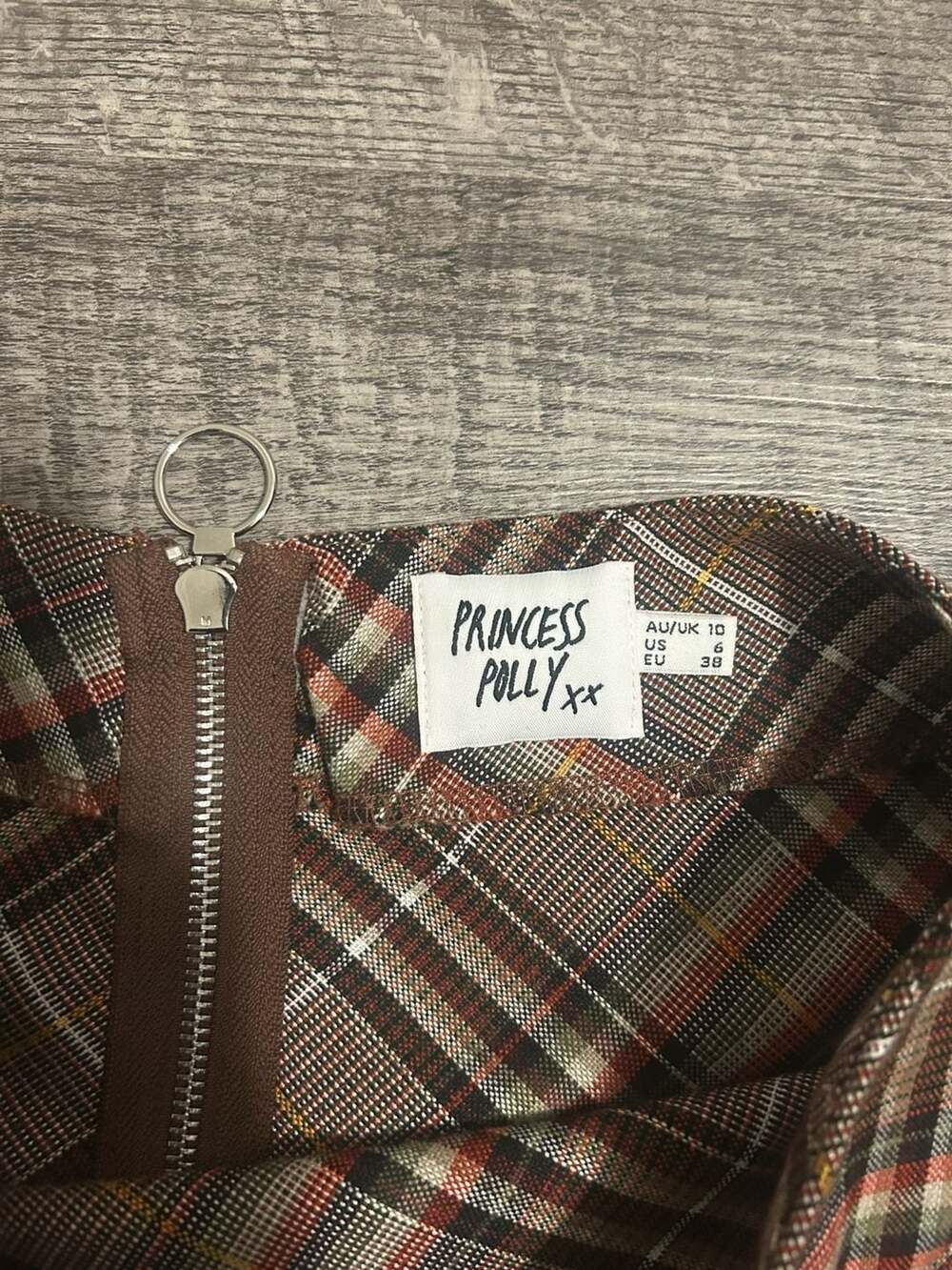 Princess Polly Brown Plaid Zip Front Mini Skirt Size US 6 - Picture 2 of 3
